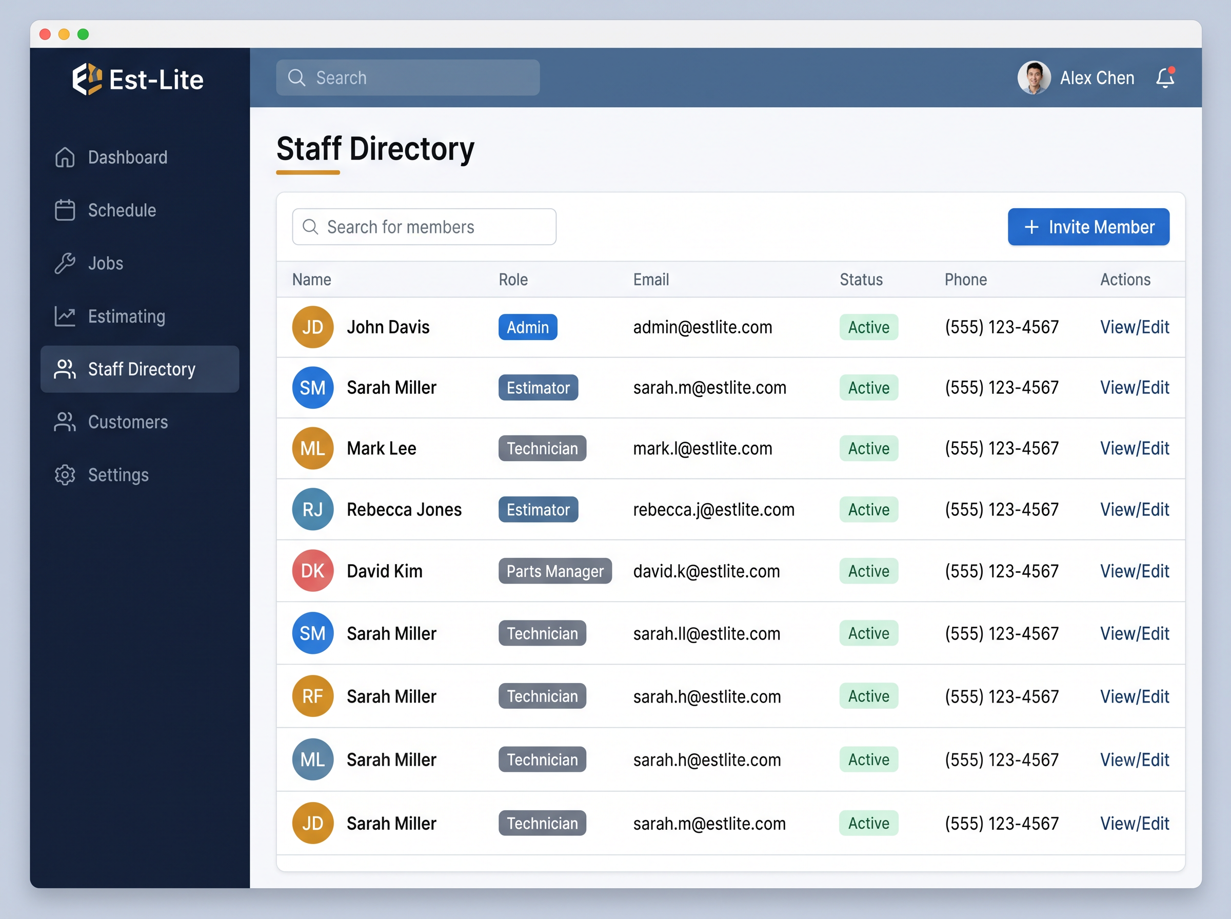 Est-Lite Staff Directory screen example