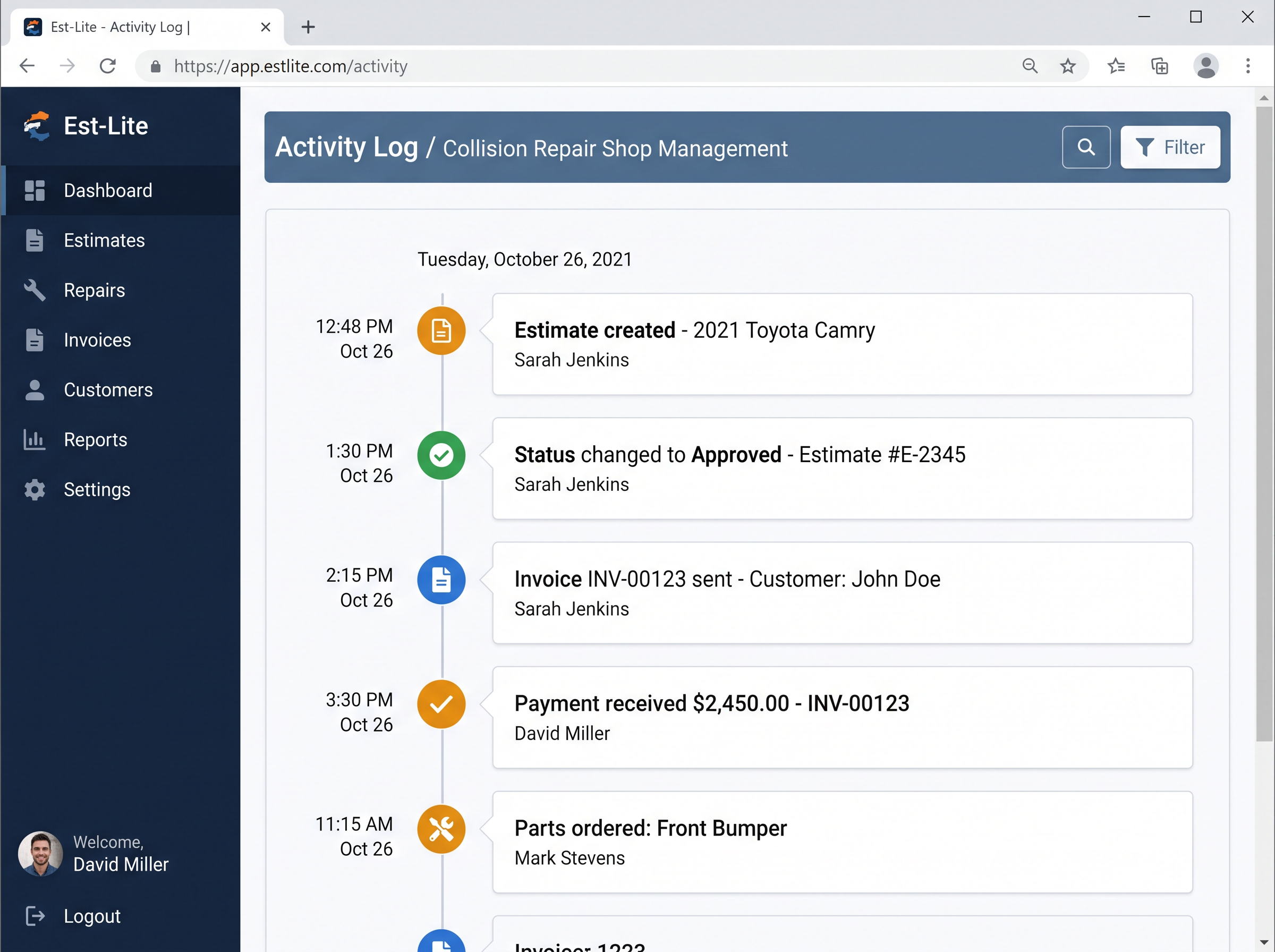 Est-Lite Activity Log screen example