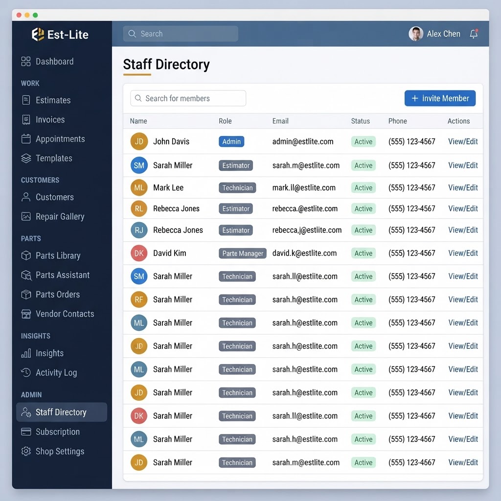 Est-Lite Staff Directory screen example