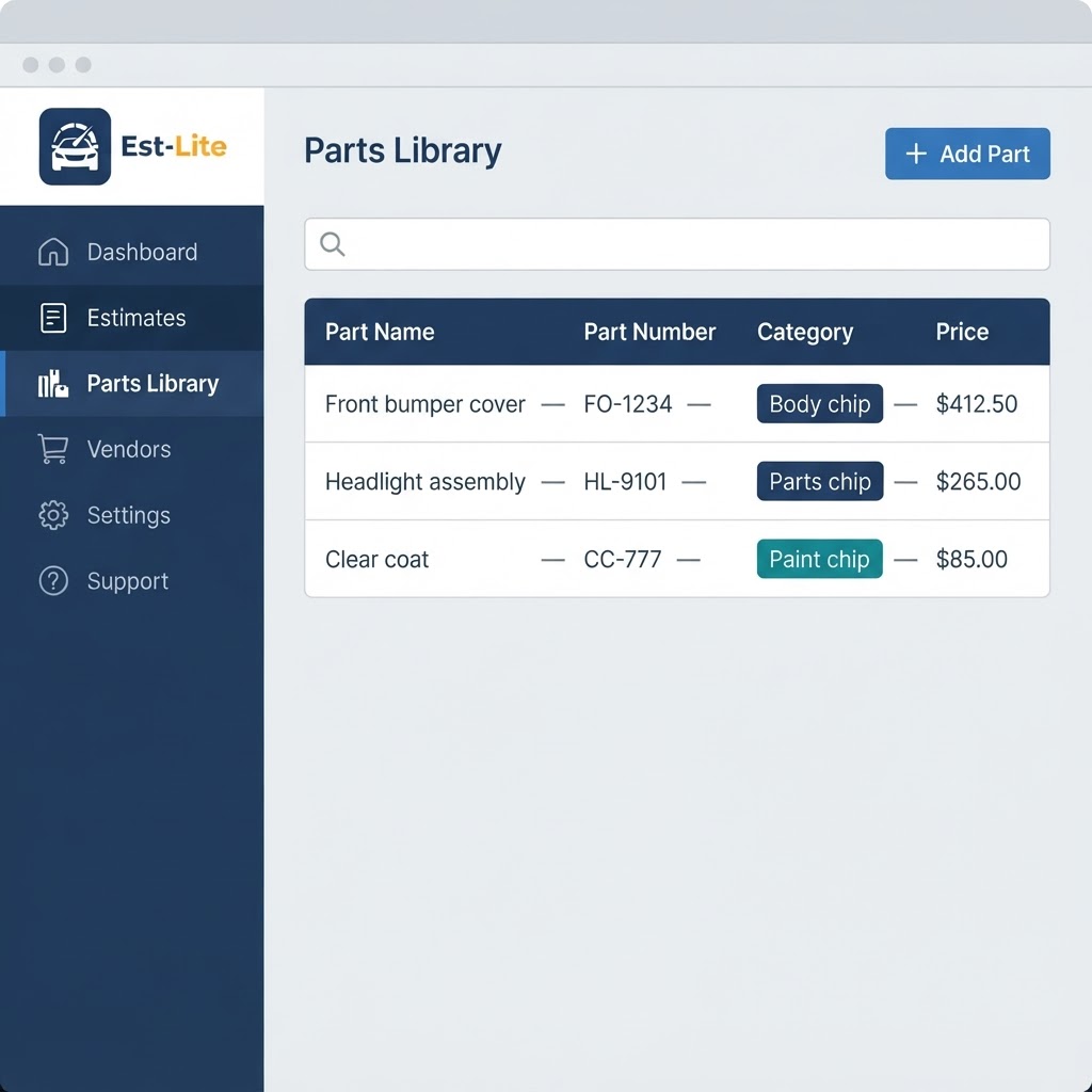 Est-Lite Parts Library screen example