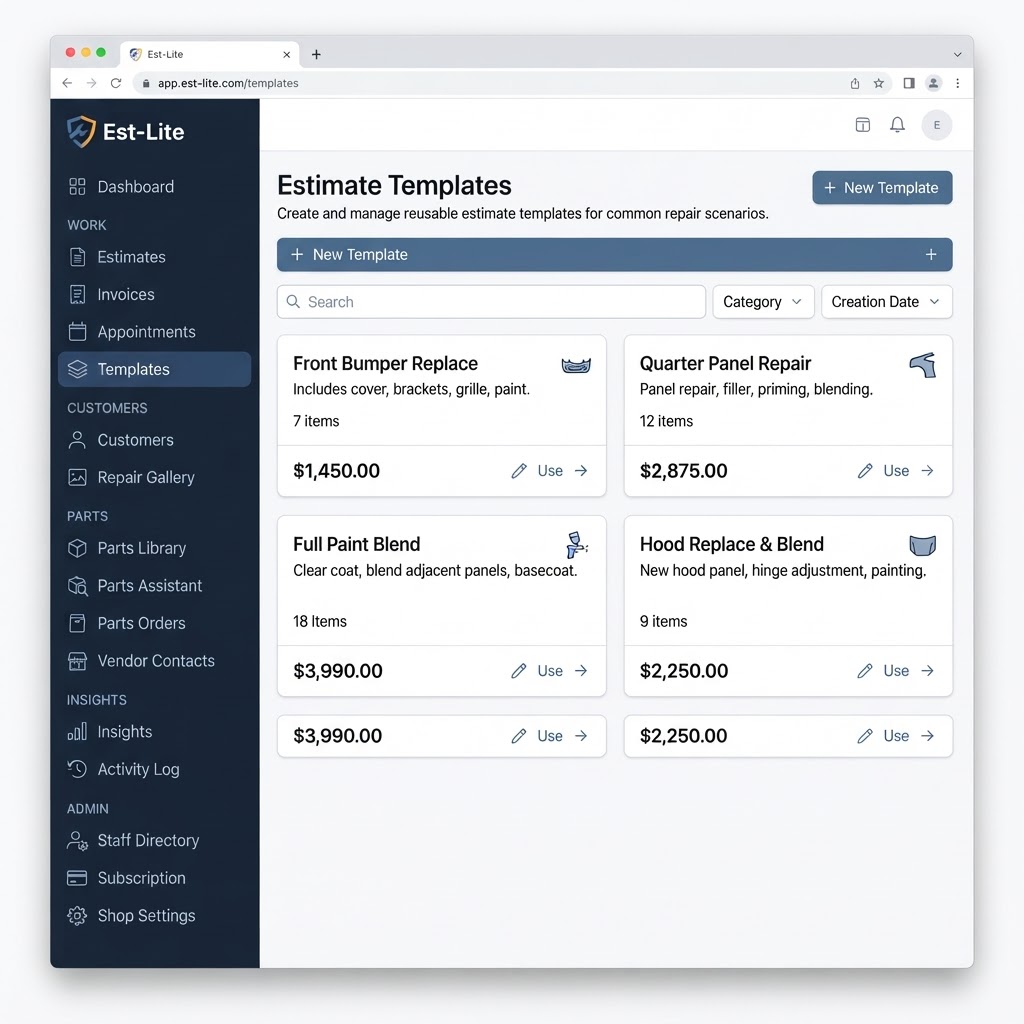 Est-Lite Rate Profiles screen example