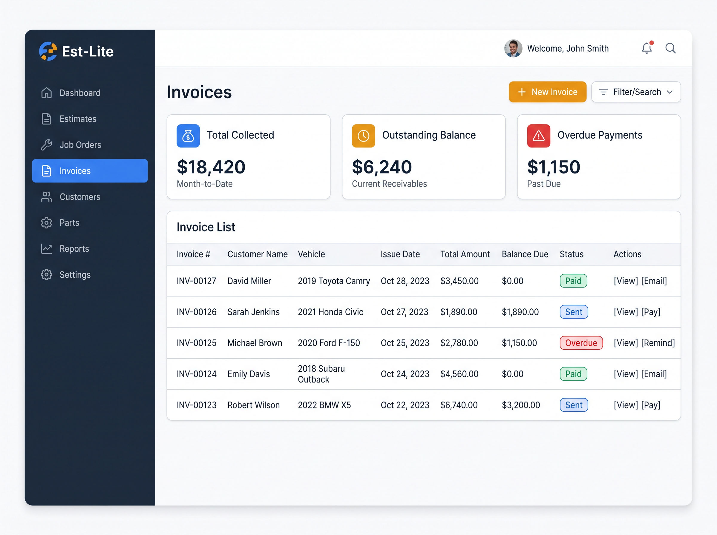 Est-Lite Invoices screen example