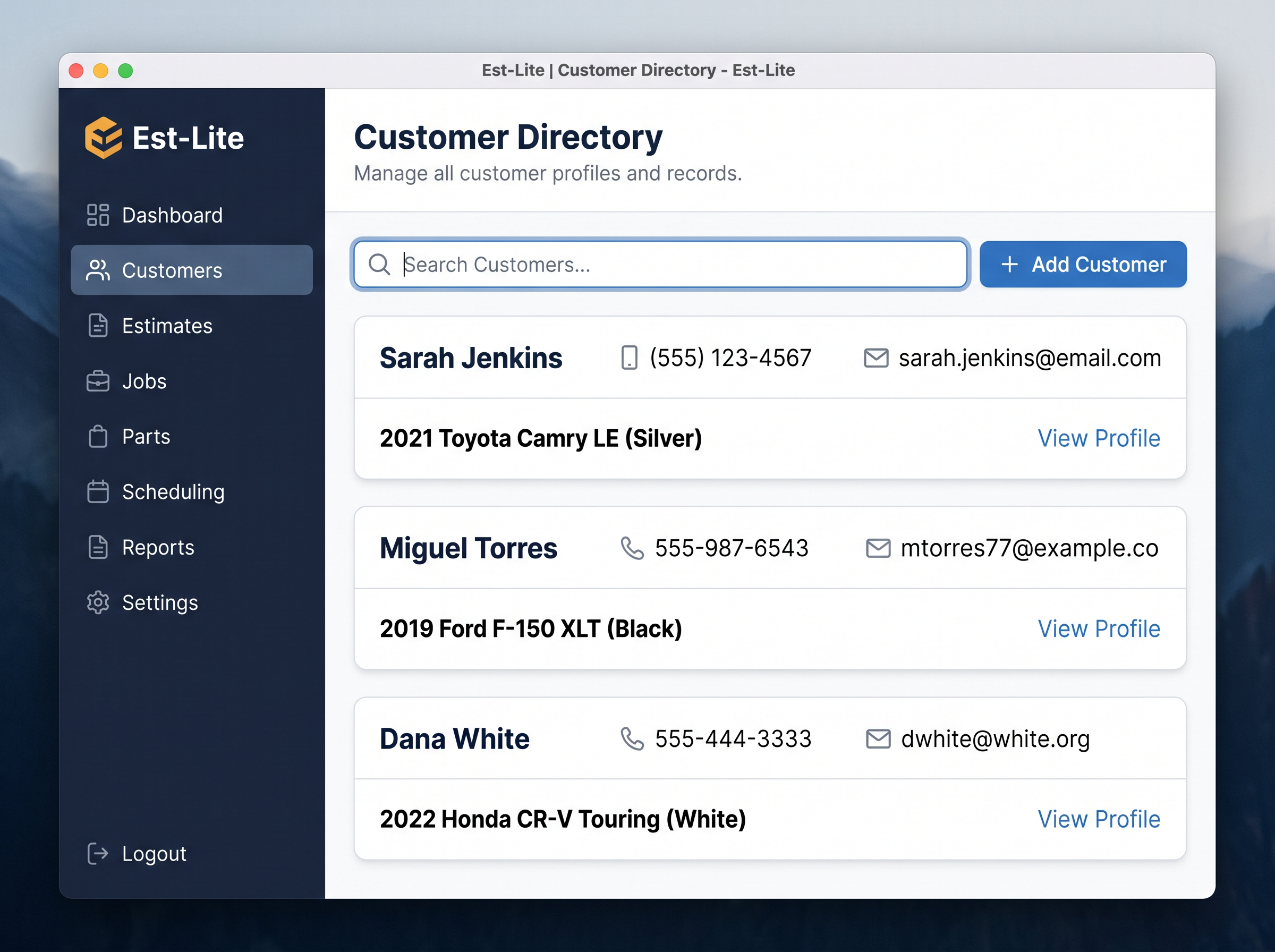 Est-Lite Customers screen example