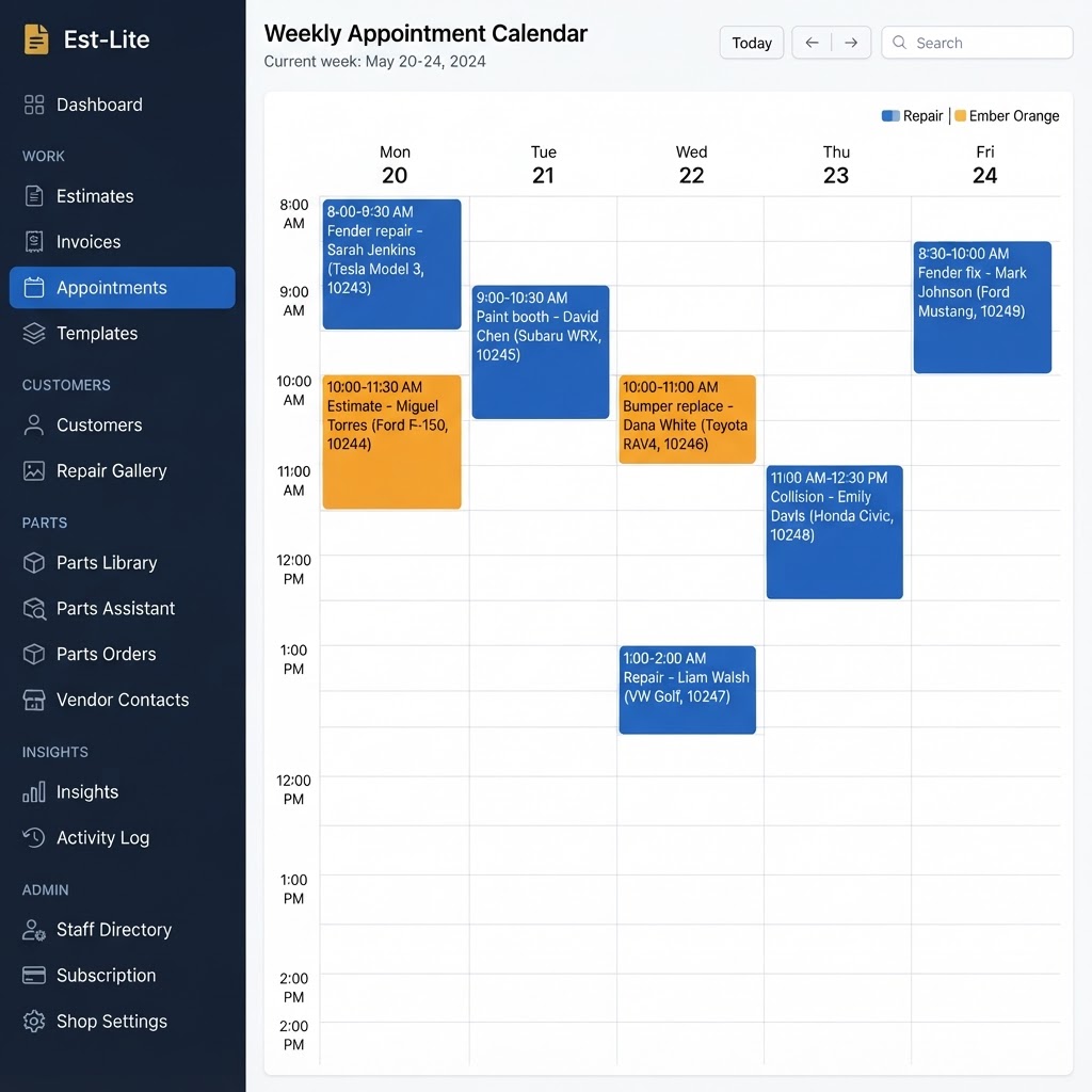 Est-Lite Appointments screen example