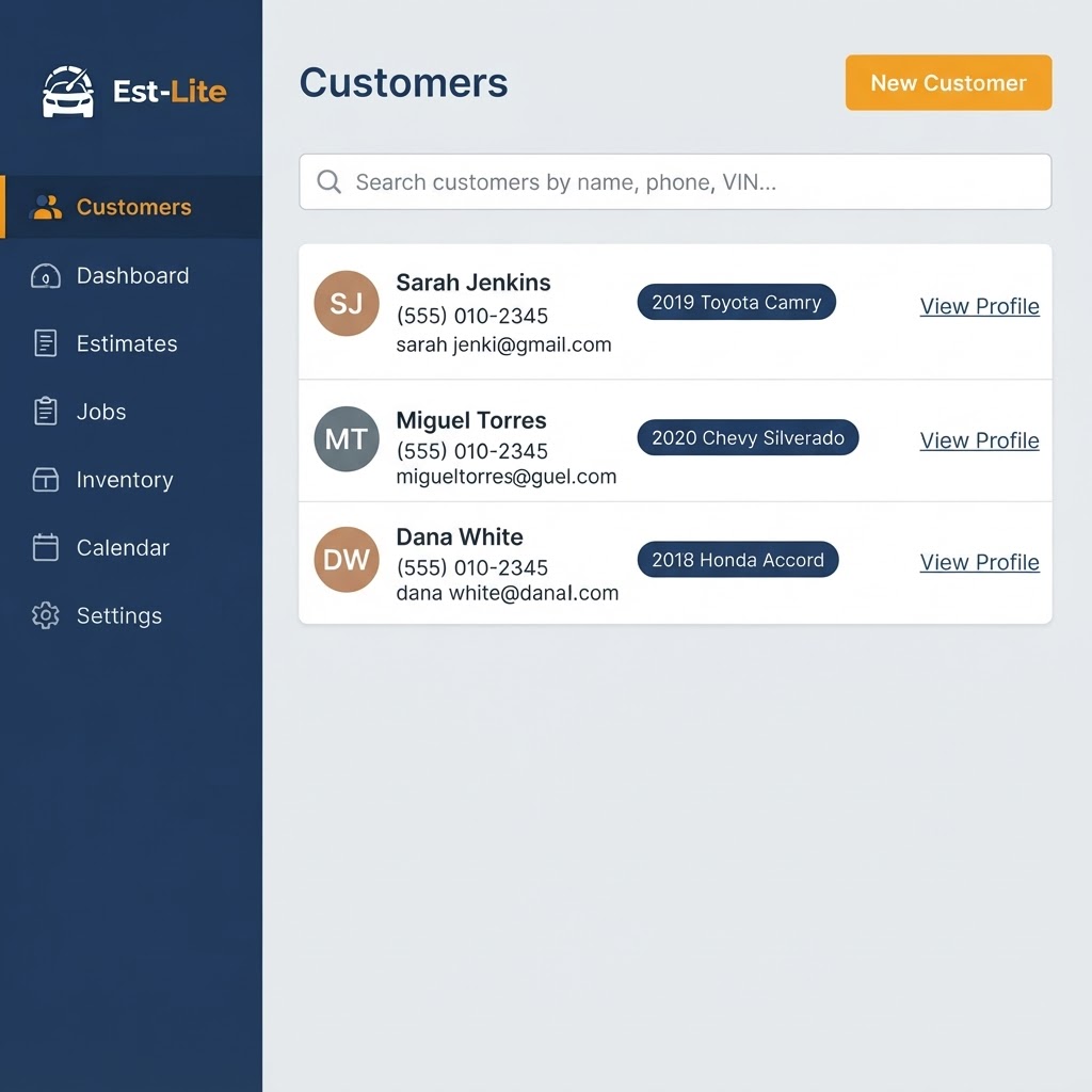 Est-Lite Customers screen example