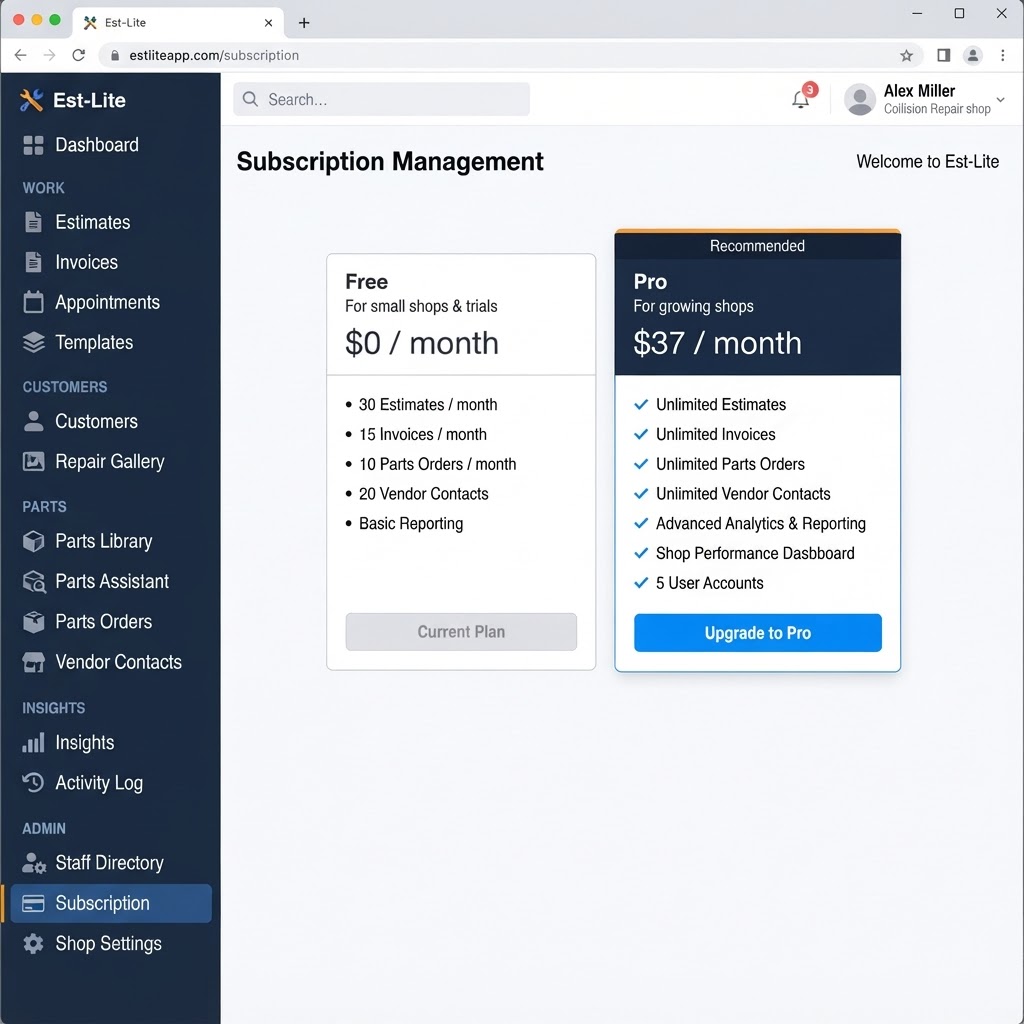 Est-Lite Subscription screen example