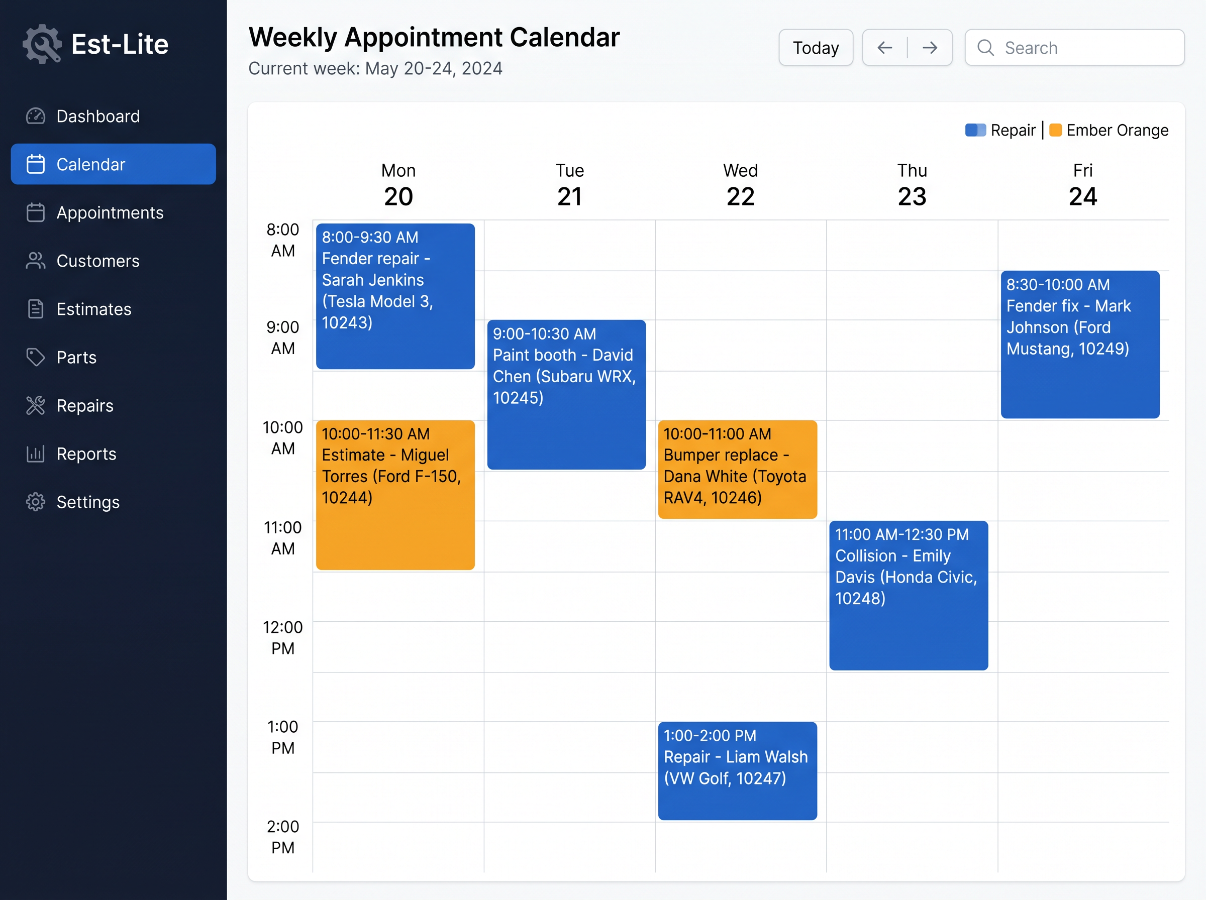 Est-Lite Appointments screen example