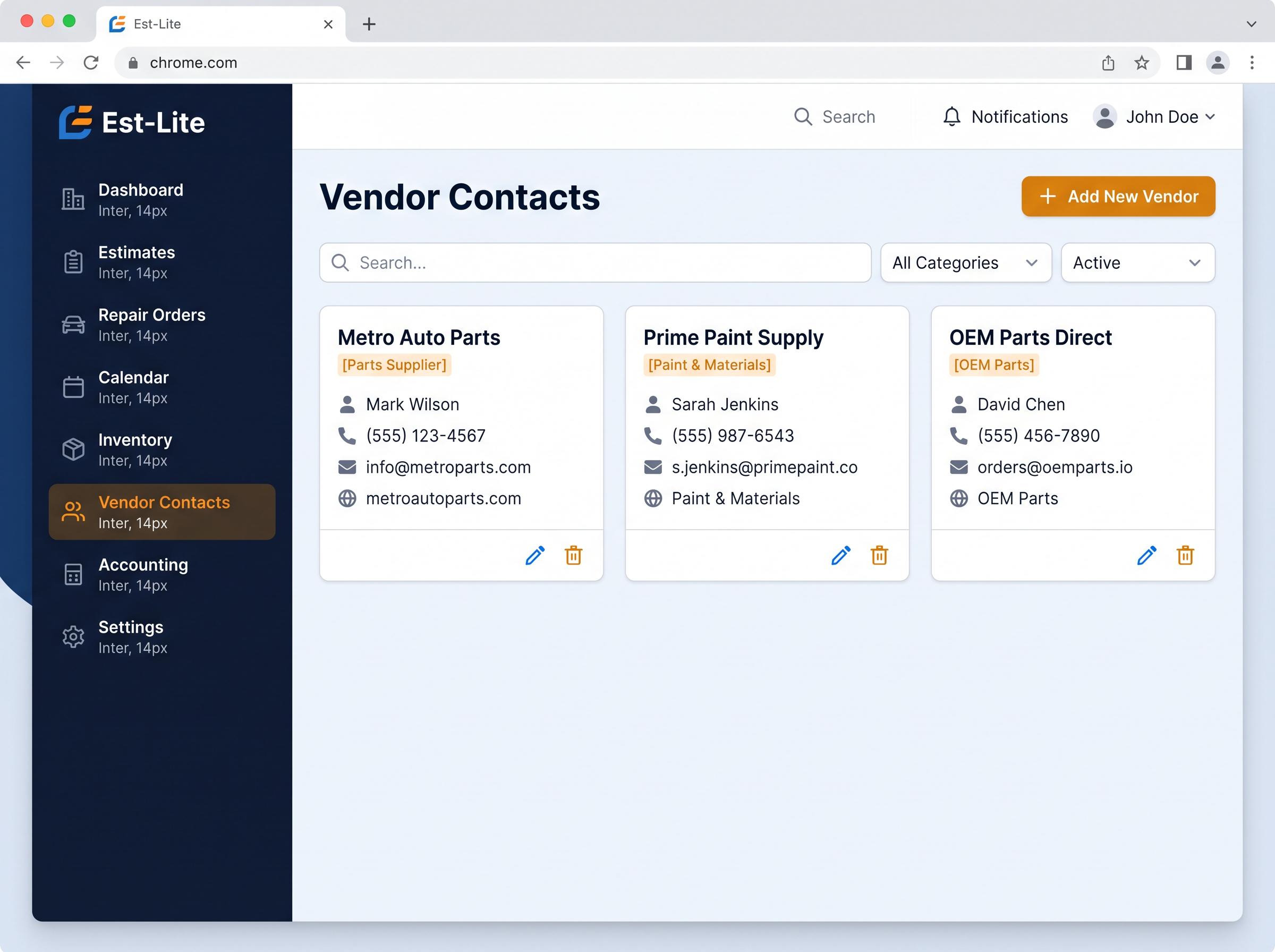 Est-Lite Vendor Contacts screen example