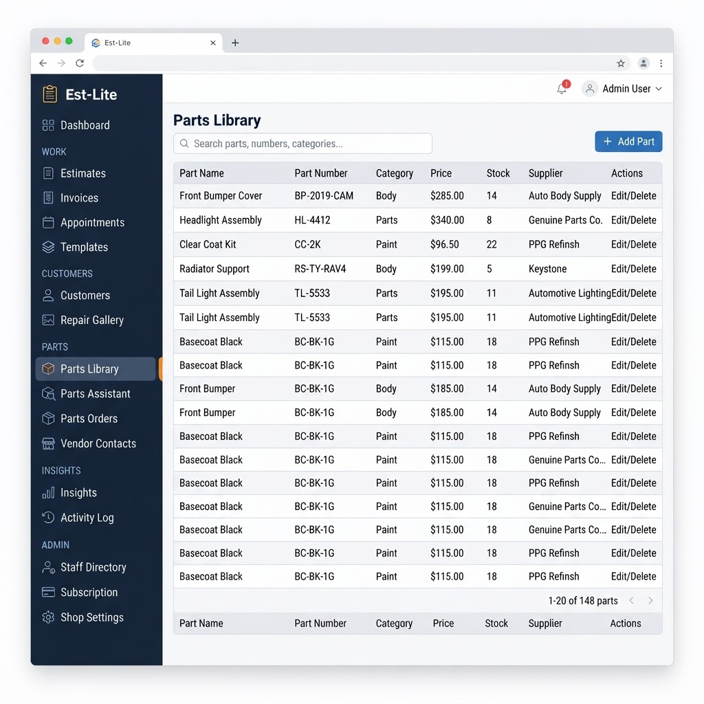 Est-Lite Parts Library screen example