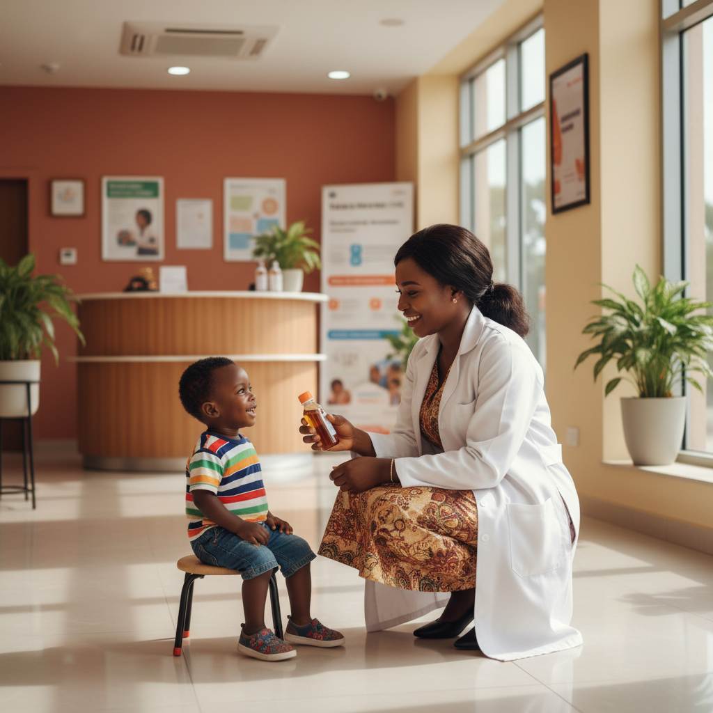 Nigerian pharmacist with young child