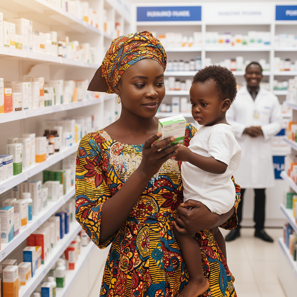 Nigerian mother with her baby at a pharmacy