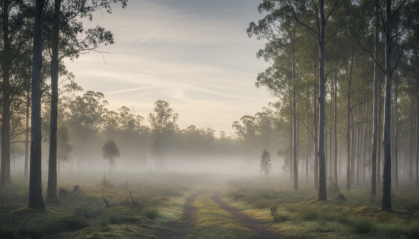 A quiet forest path at dawn with soft morning light filtering through mist