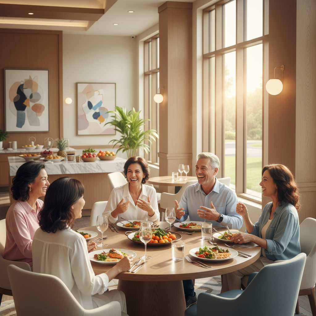 Active adults enjoying community dining and social activities