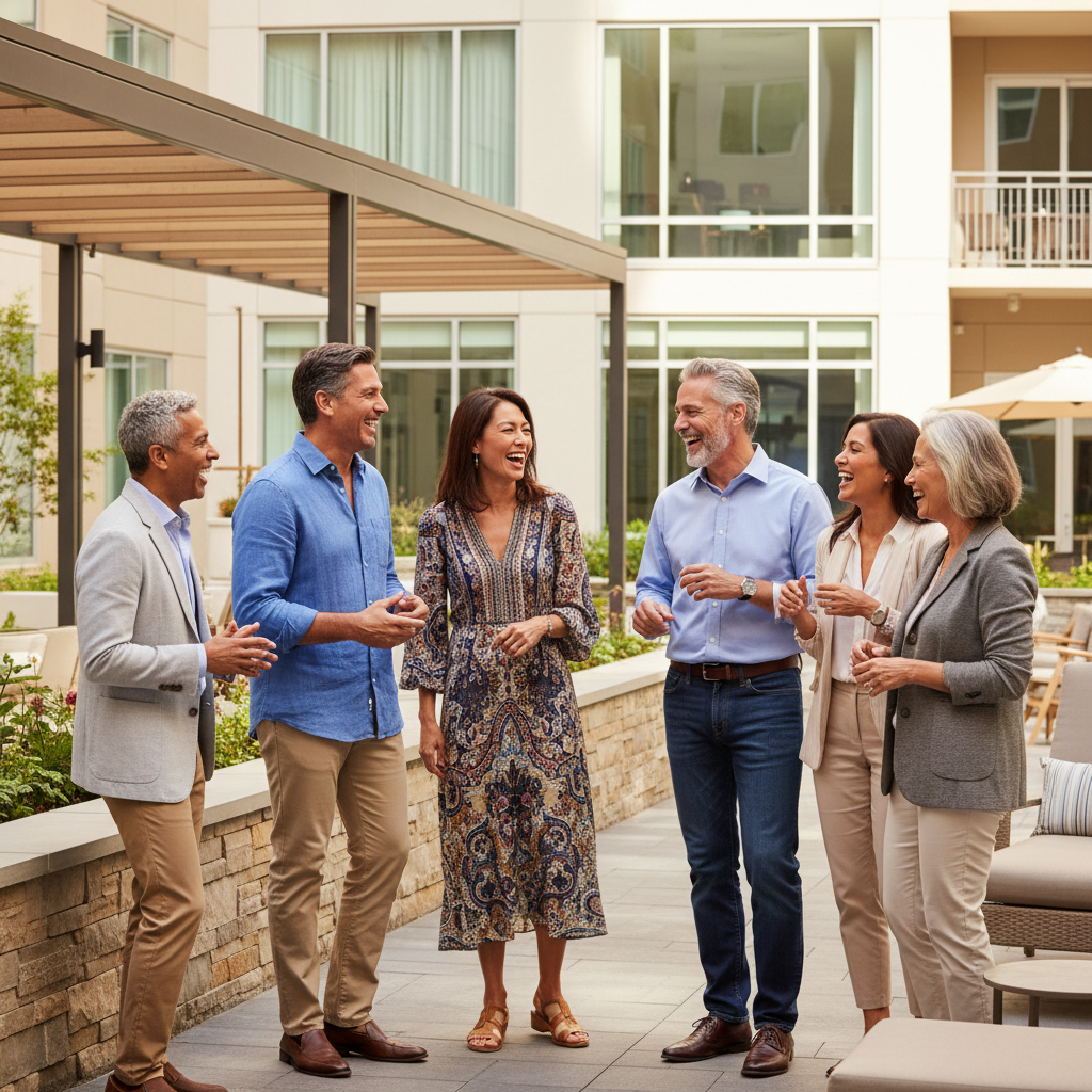 Active adults aged 50-60 socializing at a modern senior living community