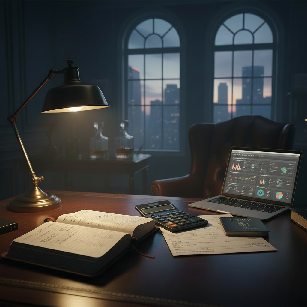 Modern executive office with city skyline view at dusk