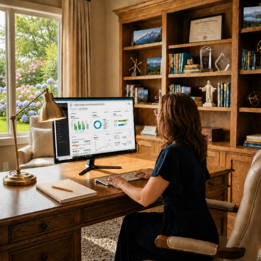 Emmaline Hoffmeister reviewing an accounting dashboard at her office desk