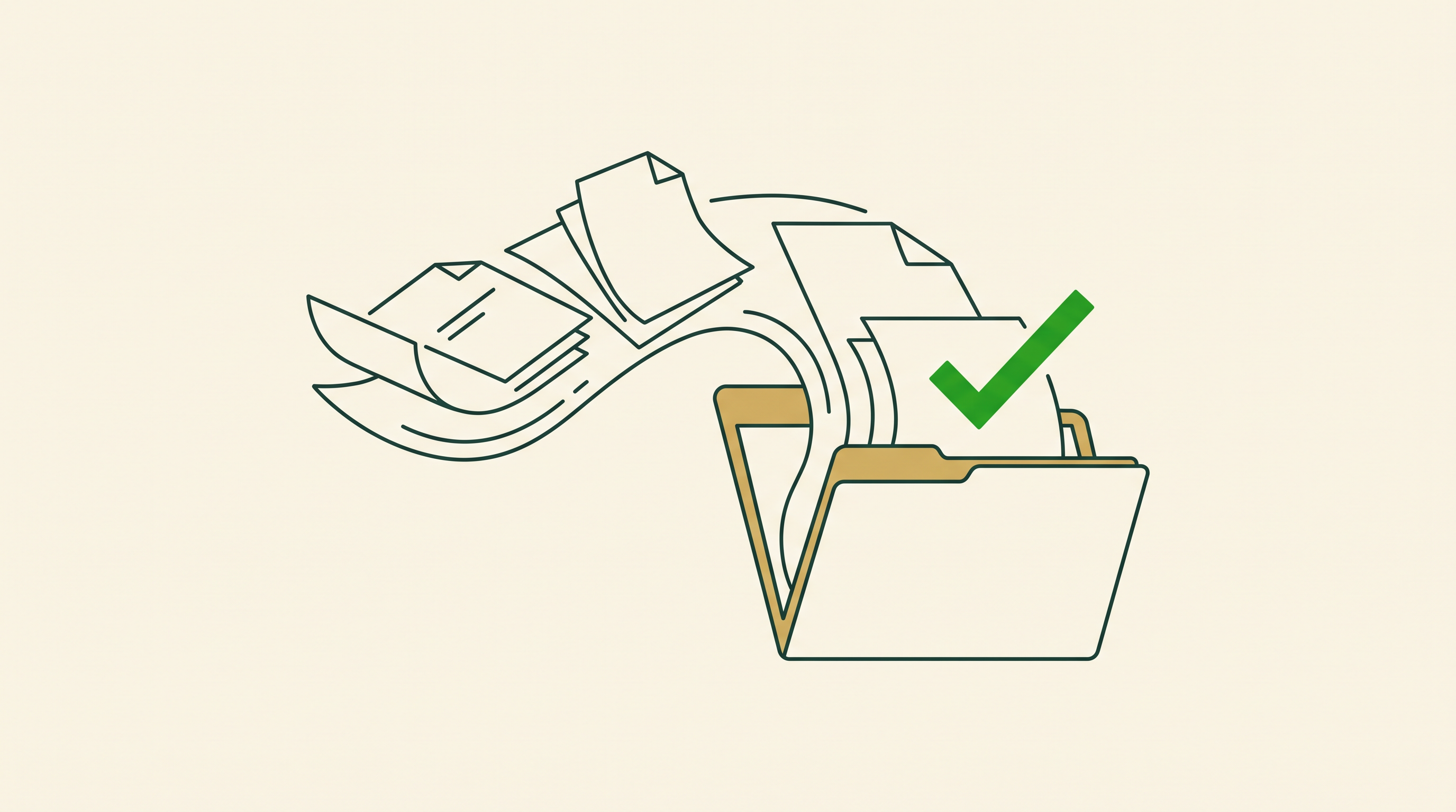 Documents flowing into a folder and stamped with a green check — sending your paperwork to your MeisterHoff Bookkeeping team in QuickBooks