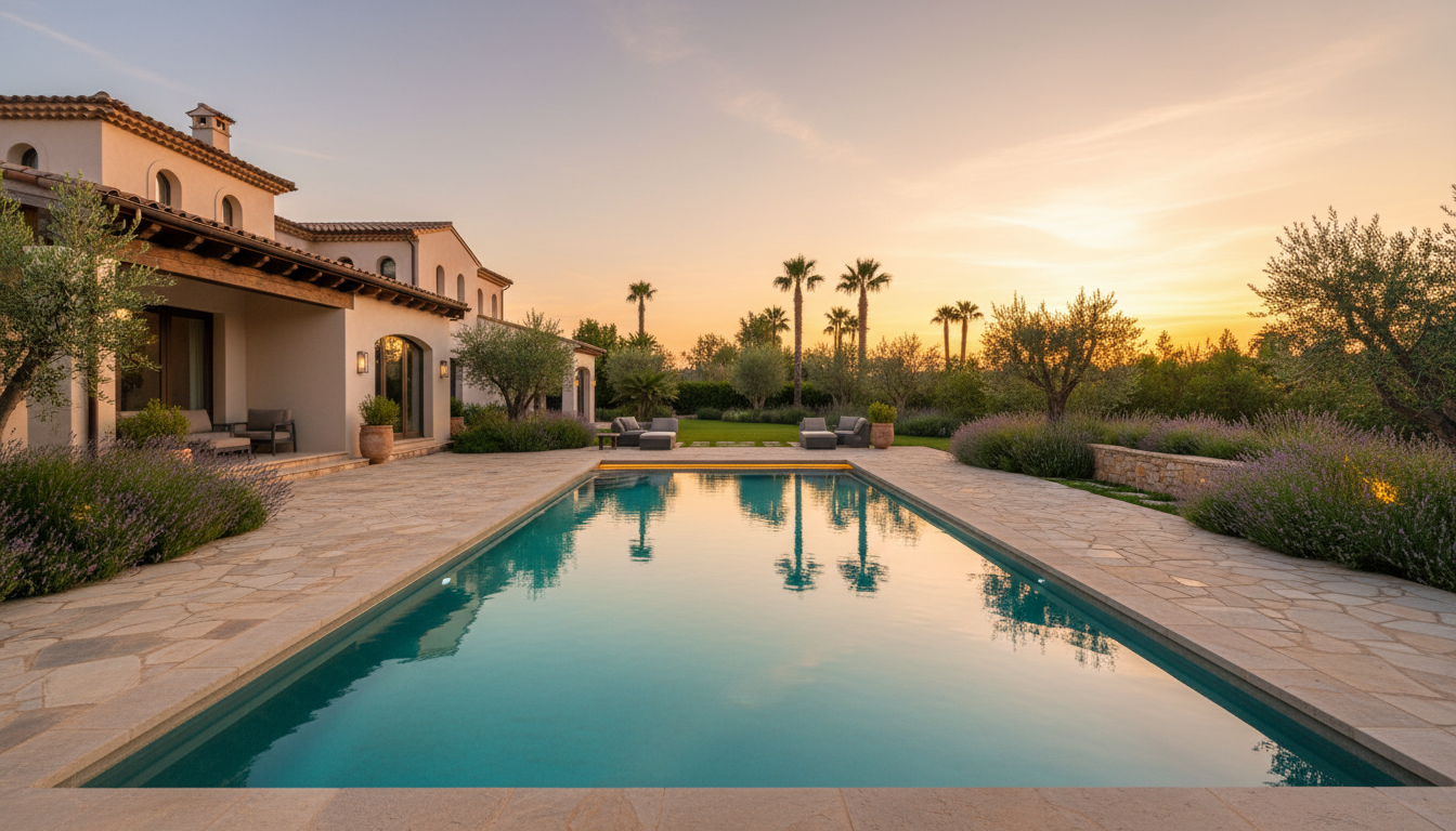 Luxury fiberglass swimming pool at golden hour