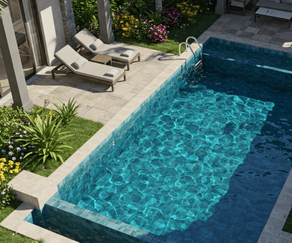 Fiberglass swimming pool installed in a Dubai villa by Bluescape