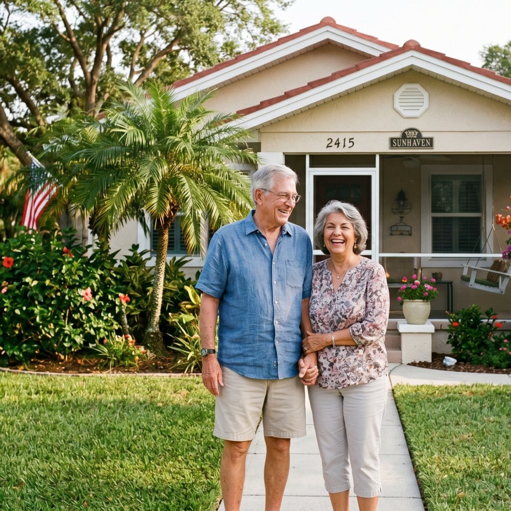 Happy Florida homeowners in front of upgraded home