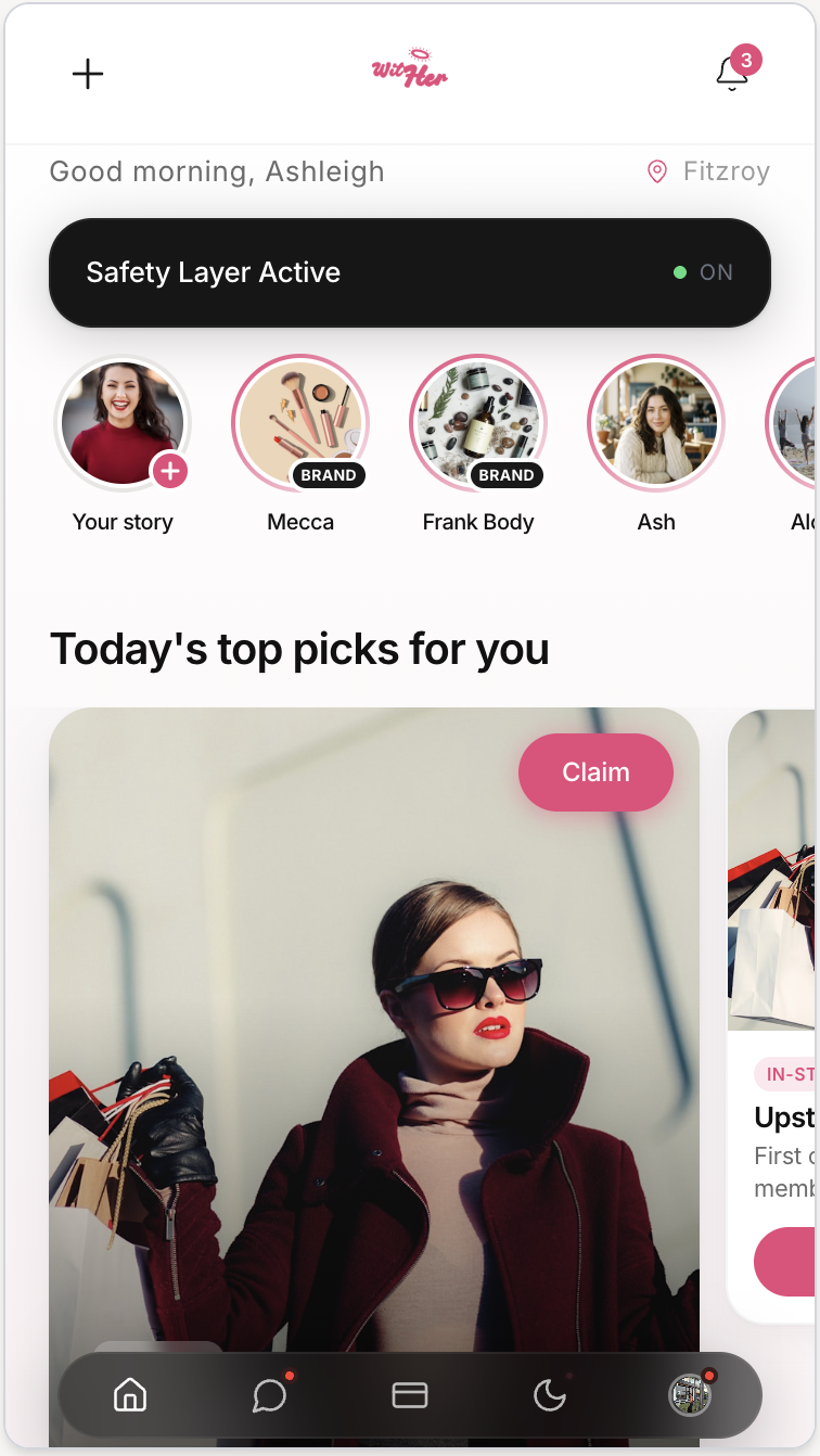 The withHer app, showing the community feed