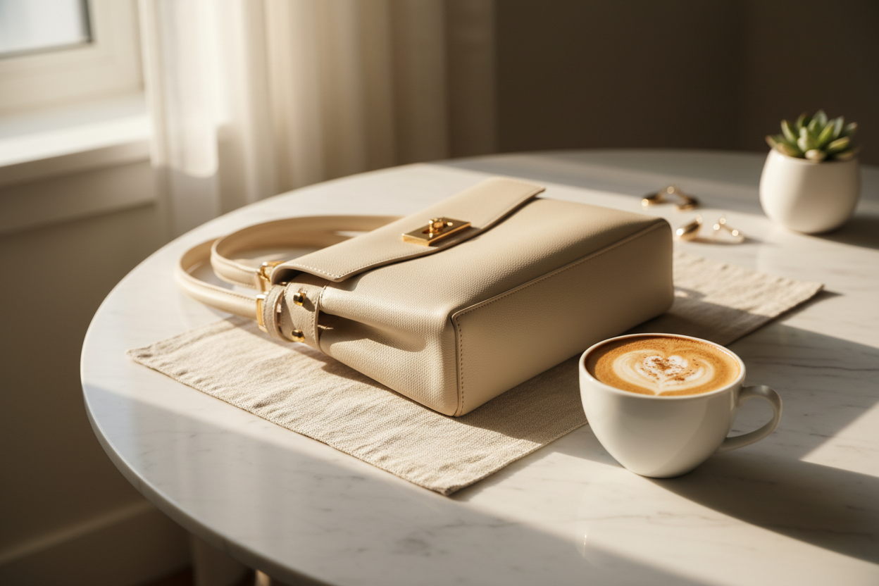Designer handbag next to a latte on marble