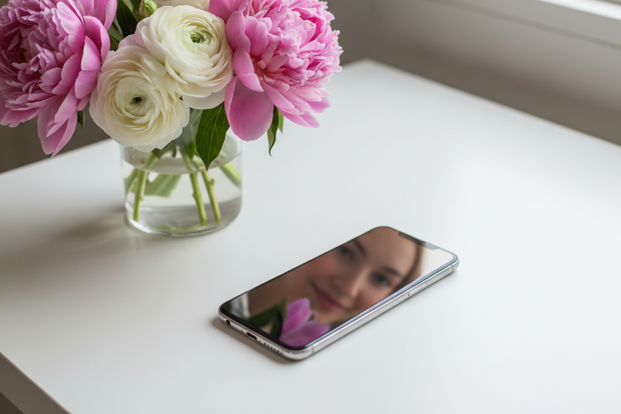 Sleek smartphone on a clean desk with flowers