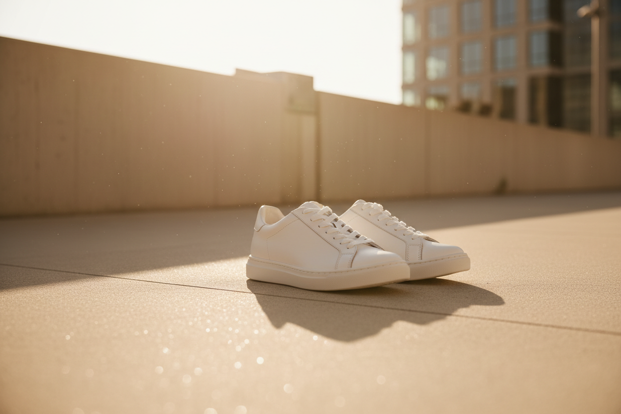 Premium sneakers on clean pavement in golden hour