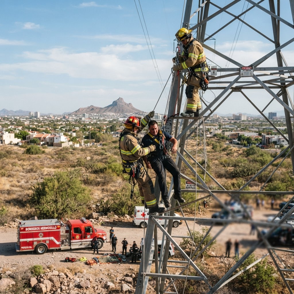 Bomberos rescatan a hombre de torre eléctrica en Hermosillo