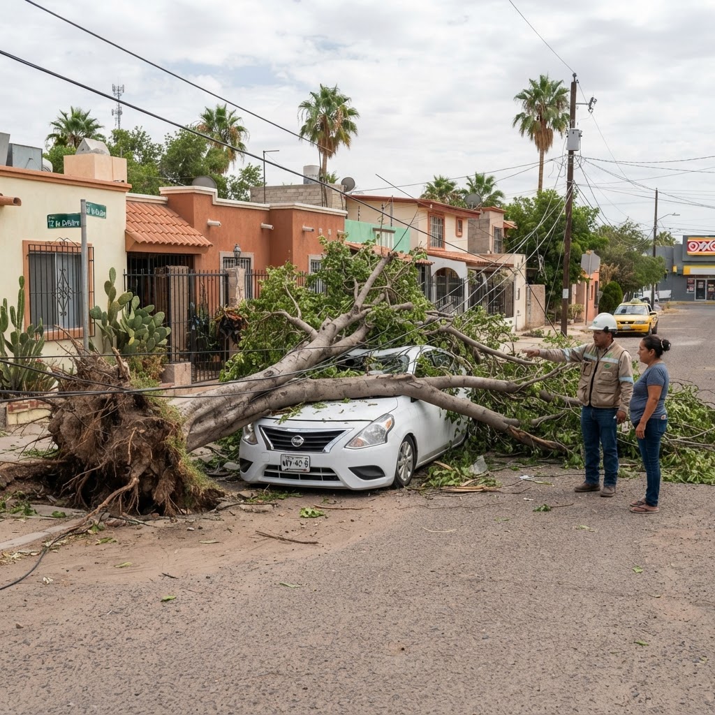 Fuertes vientos derriban árbol al sur de Hermosillo