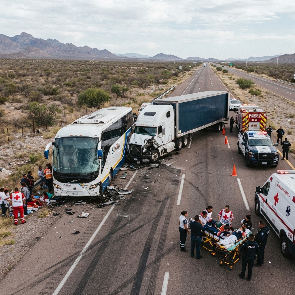 Choque entre autobús de pasajeros y tráiler en la México 15 deja un fallecido y 37 lesionados en Sonora