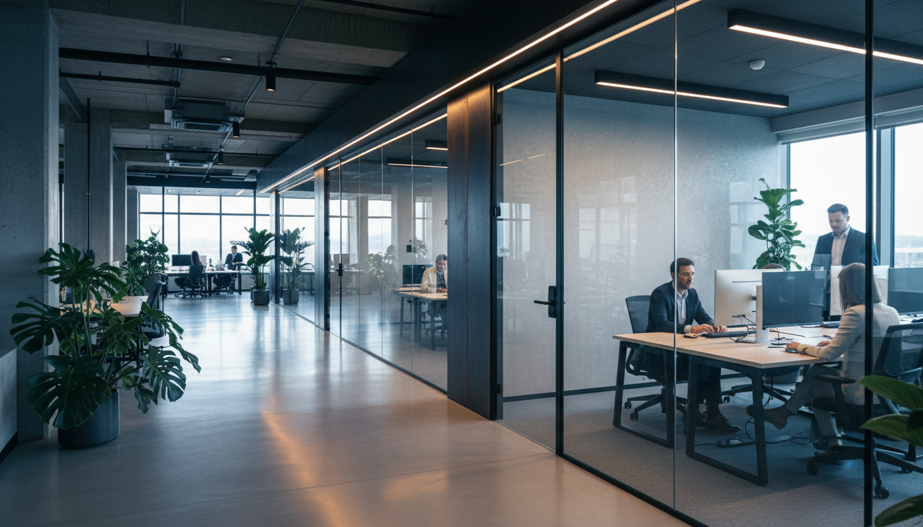 Modern coworking space hallway with glass offices