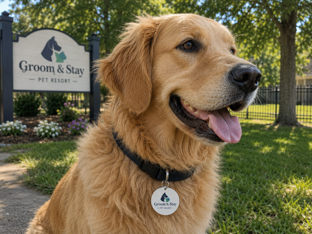 Dog wearing branded SmartTag at Groom & Stay Pet Resort