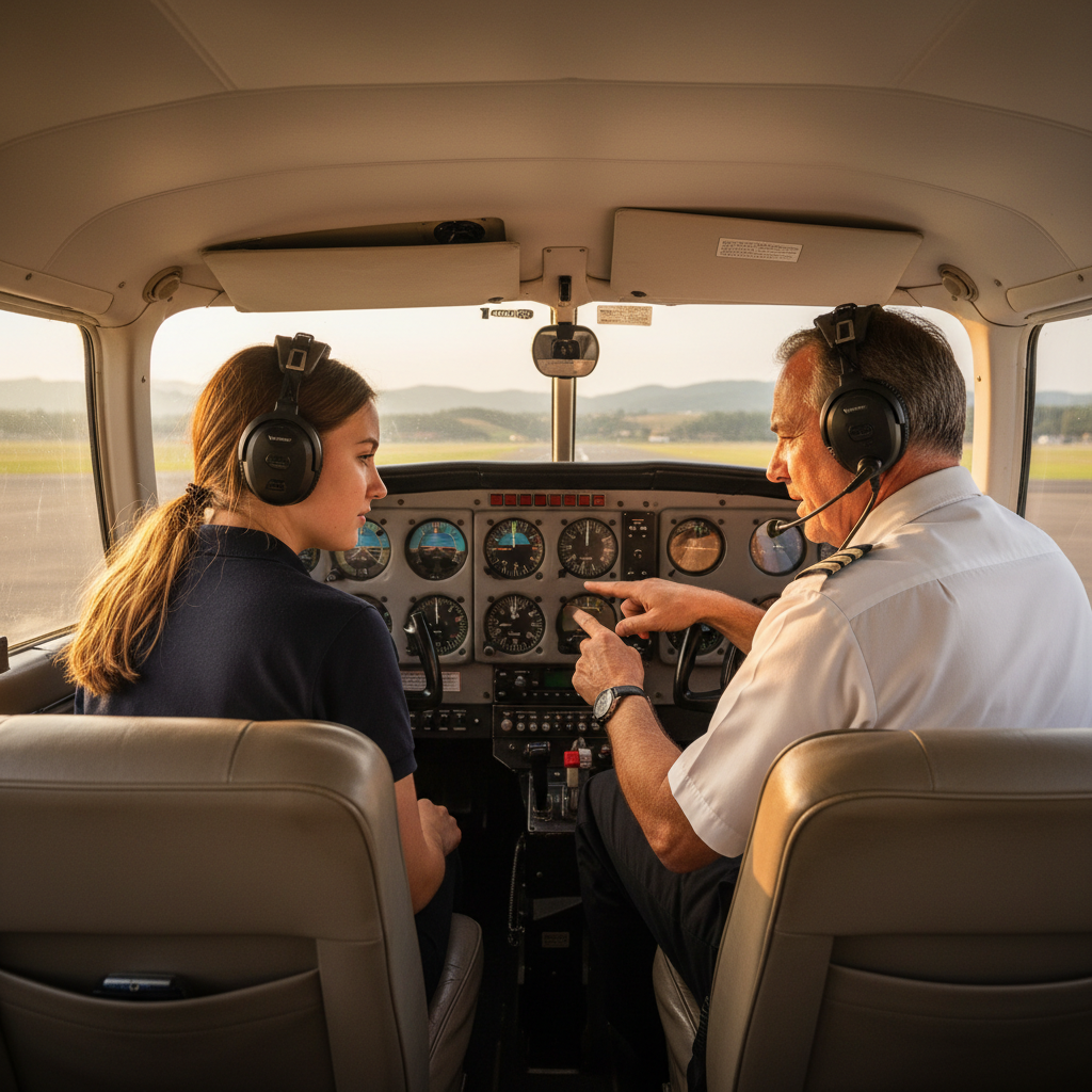 Pilot and instructor in Cessna cockpit