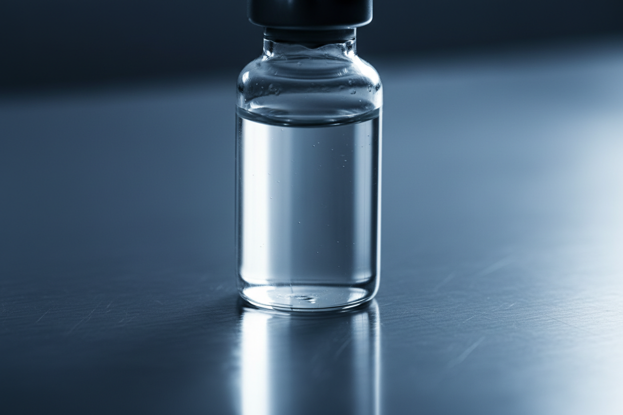 Glass laboratory vial on surgical steel surface