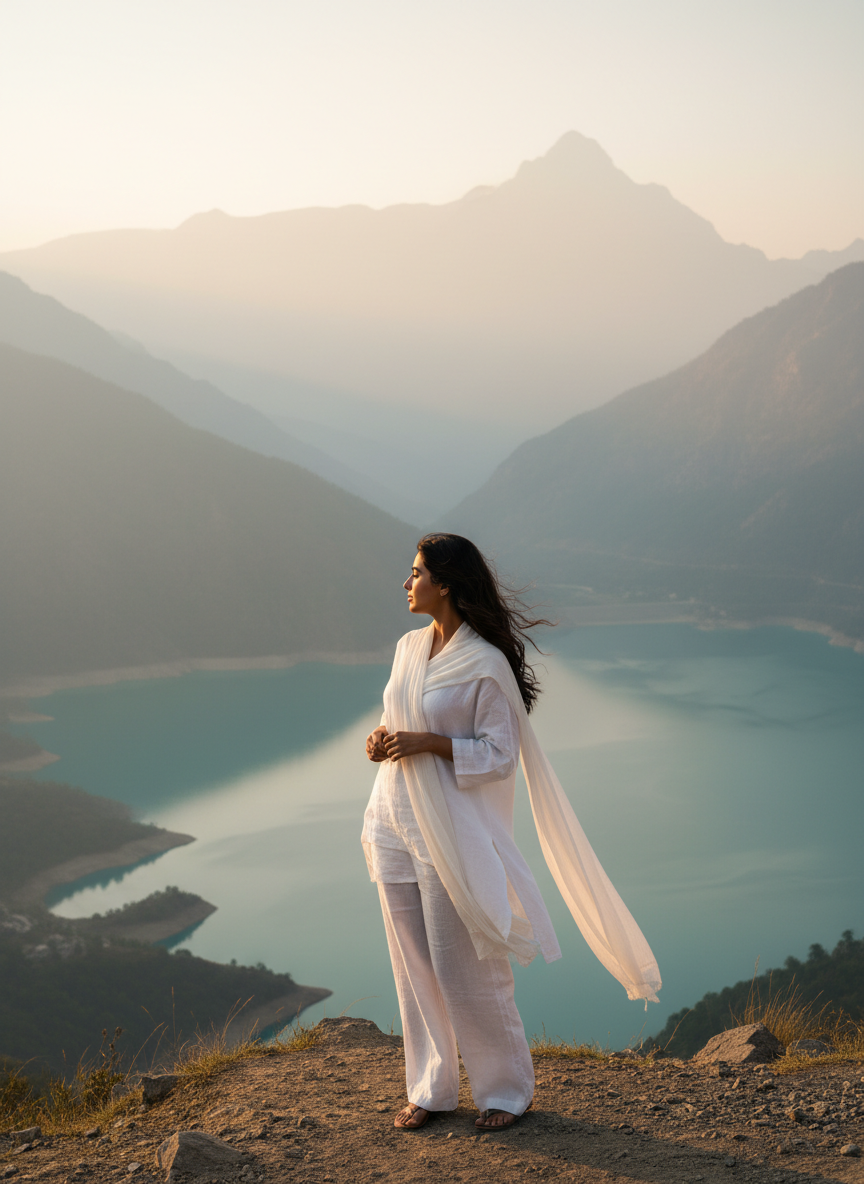 Female traveler overlooking Dalhousie mountains