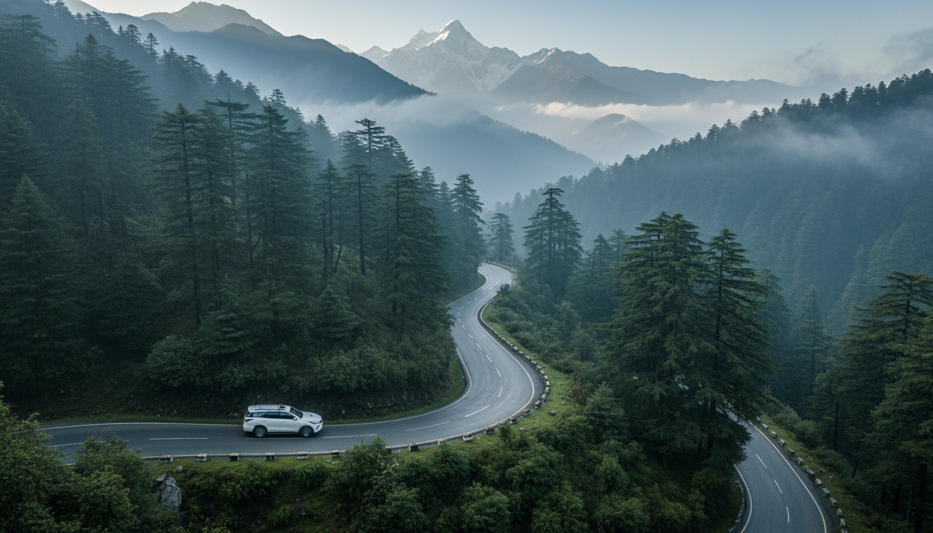 Scenic mountain road to Dalhousie through cedar forests