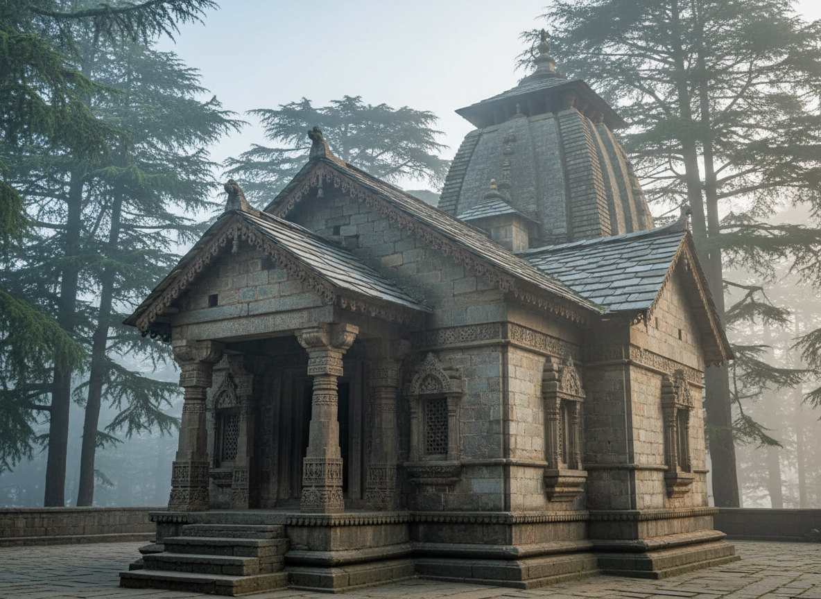 Ancient temple in Dalhousie surrounded by deodar trees