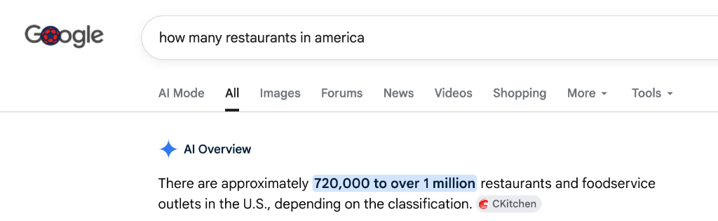 Google search showing 720000 to 1 million restaurants in US