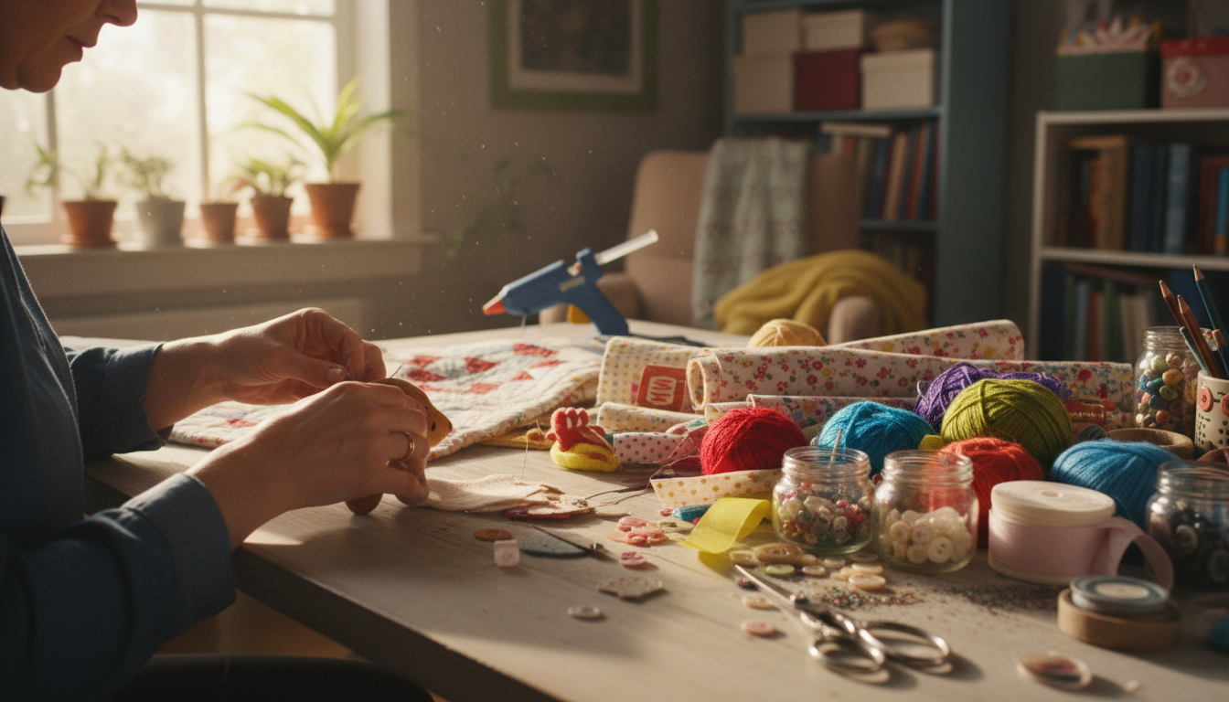 Cozy craft workspace with handmade supplies