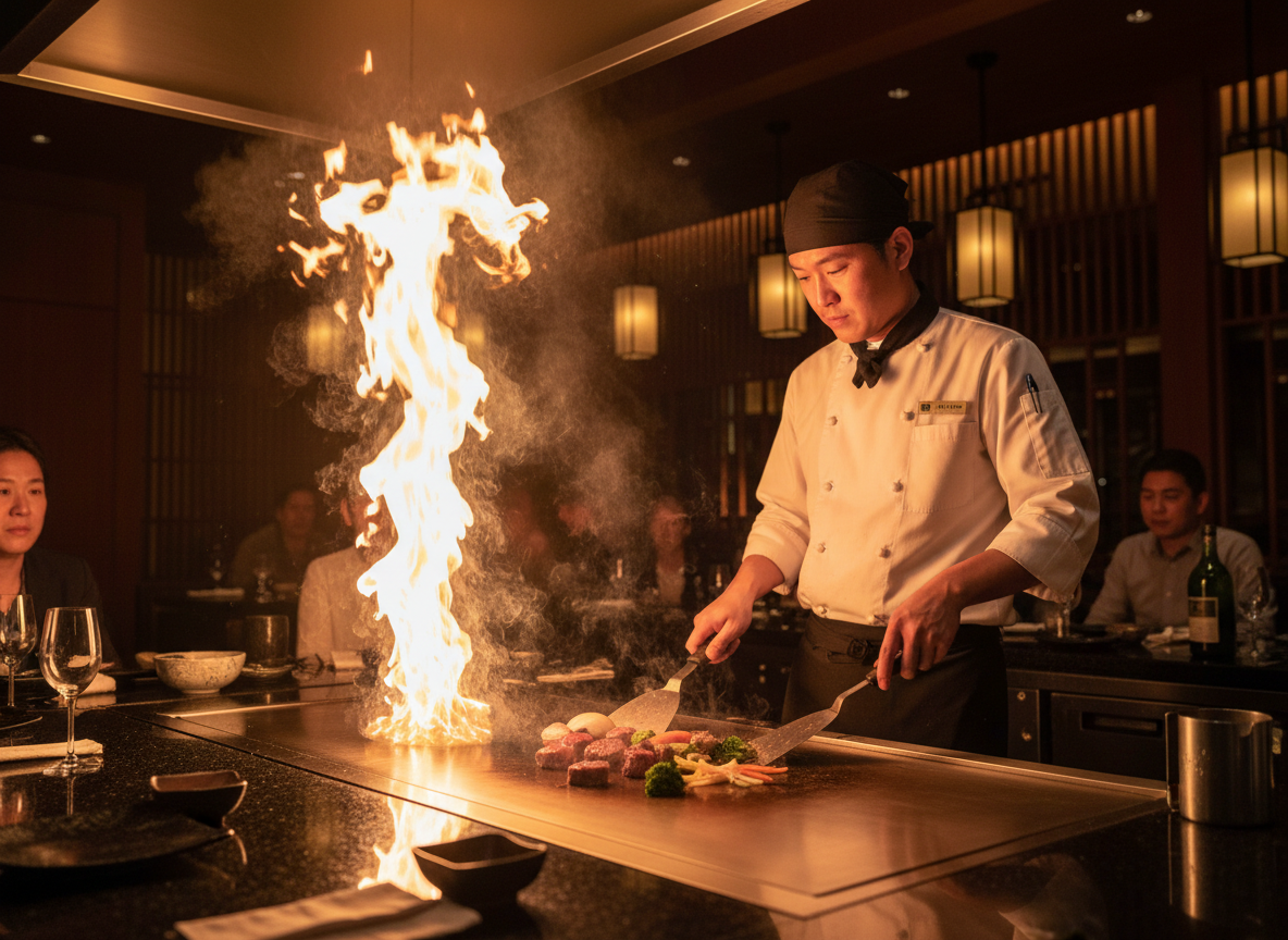 Teppanyaki chef cooking at Ginza Hohsen - live Japanese grill experience in Colombo