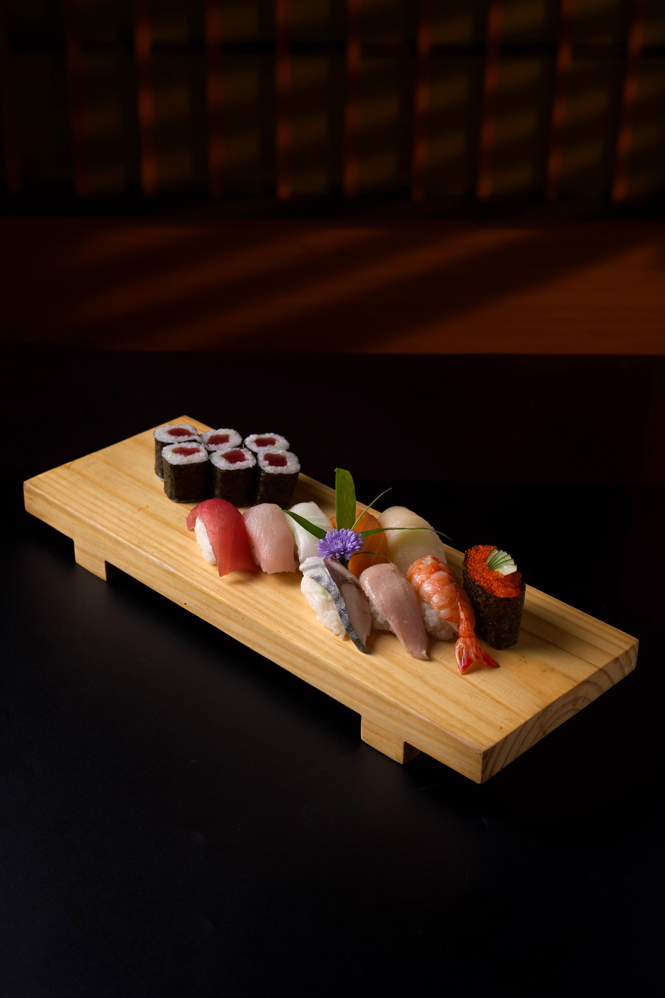 Assorted sushi and nigiri platter at Ginza Hohsen - fresh tuna, salmon and maki rolls