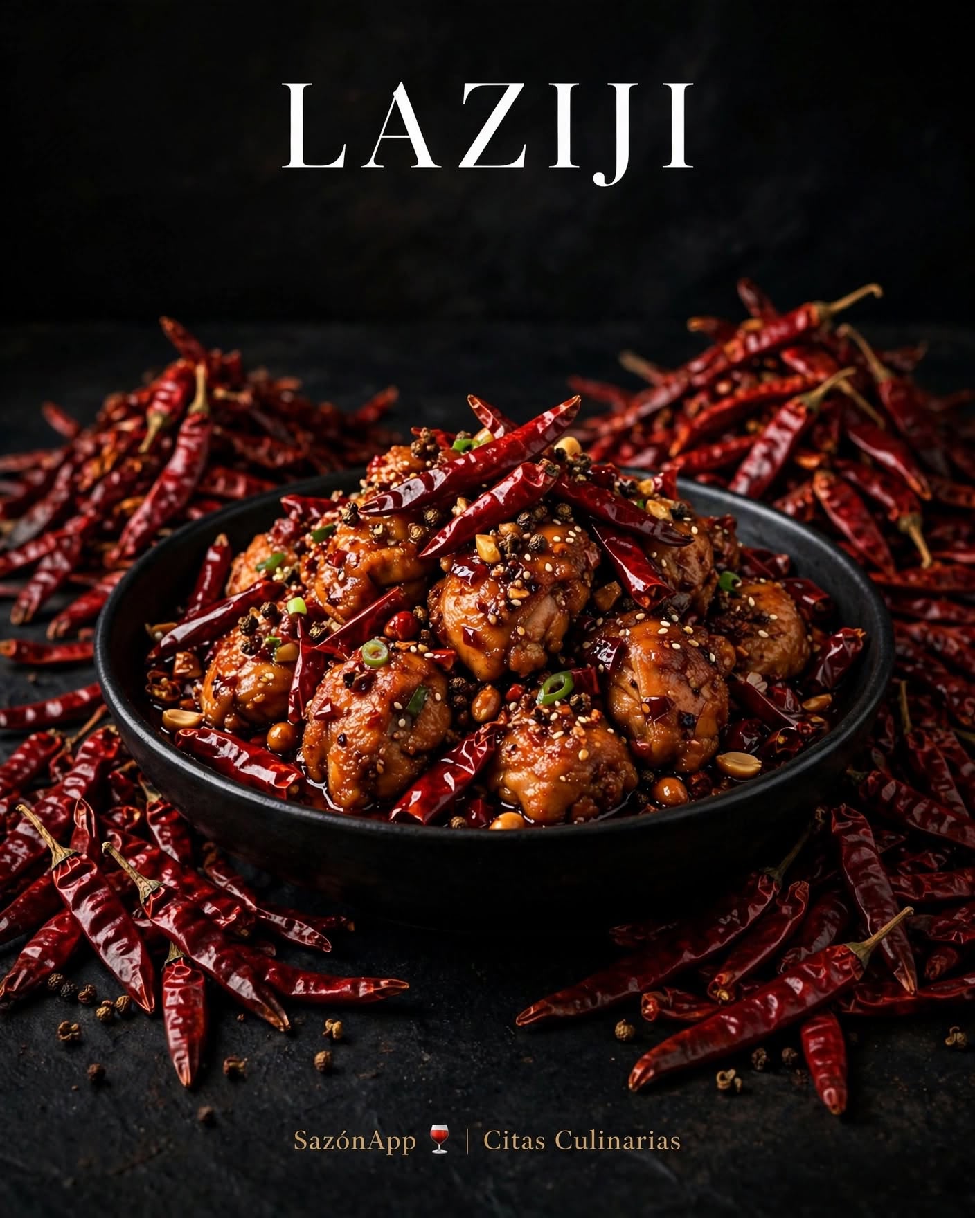 Pollo Chongqing Laziji en cuenco negro con chiles secos