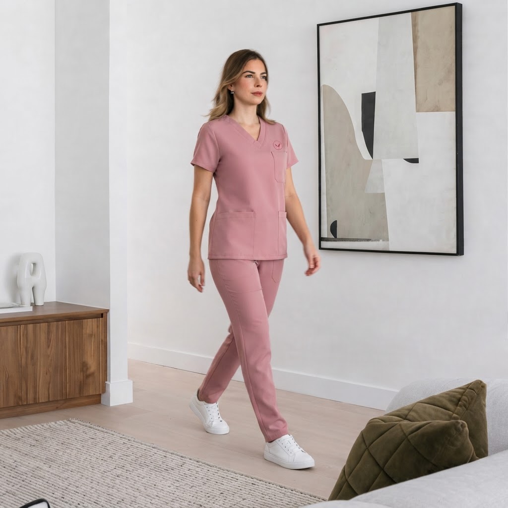 Renova cleaner in pink uniform with logo