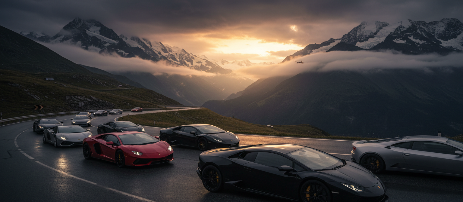 Luxury supercars on Swiss alpine road