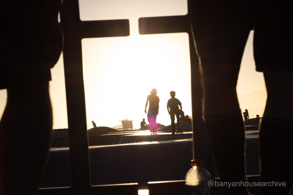 Skateboarders silhouetted at golden hour