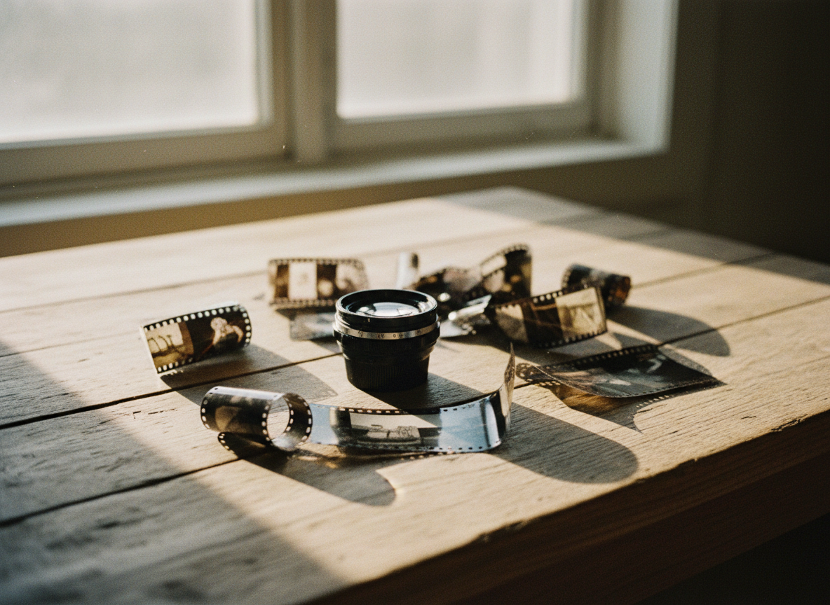 Vintage camera and film negatives on a weathered wooden table