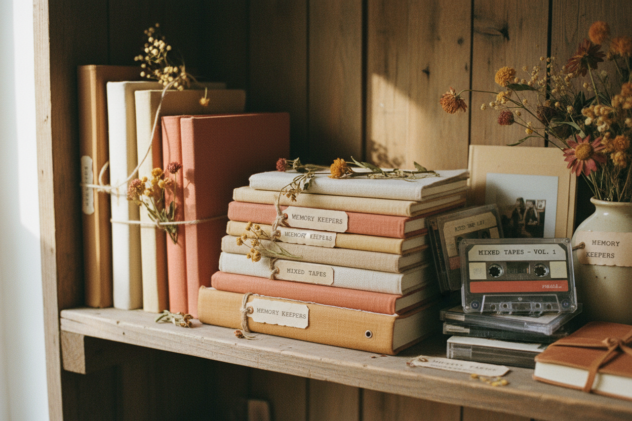 Handmade photo books and cassette tapes on a rustic wooden shelf