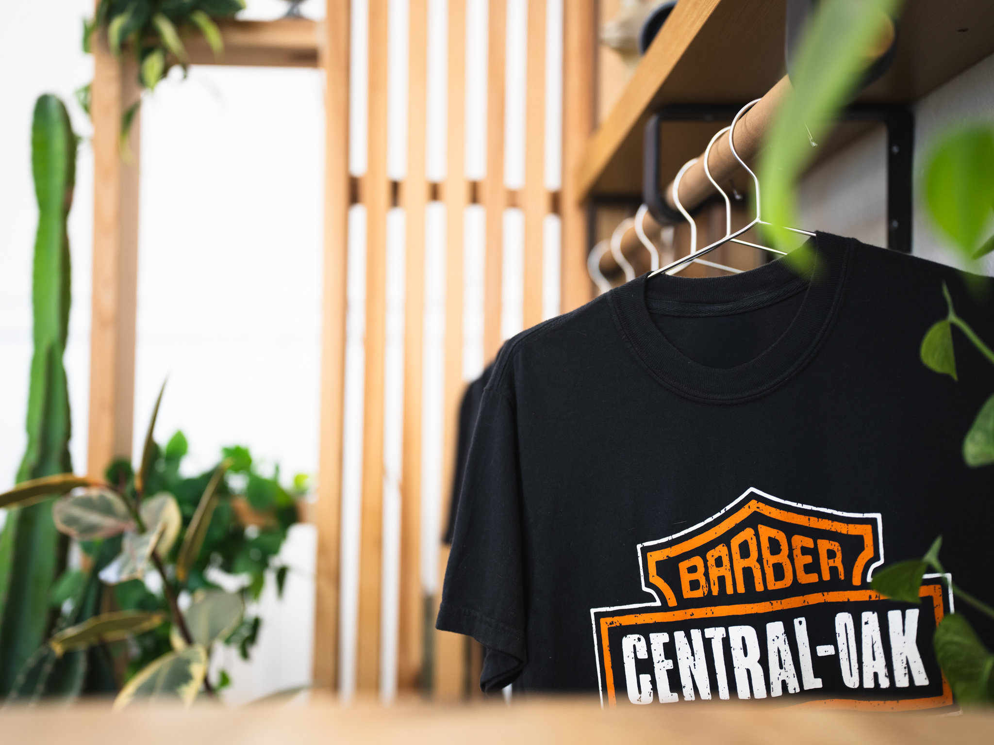 Full interior view of Central Oak Barber Co. with barber chairs, plants, and warm lighting
