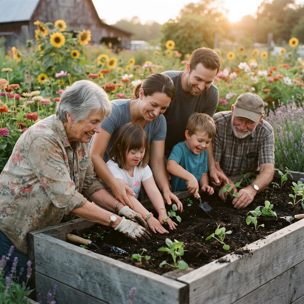 Therapeutic farm visit with seniors and children planting flowers